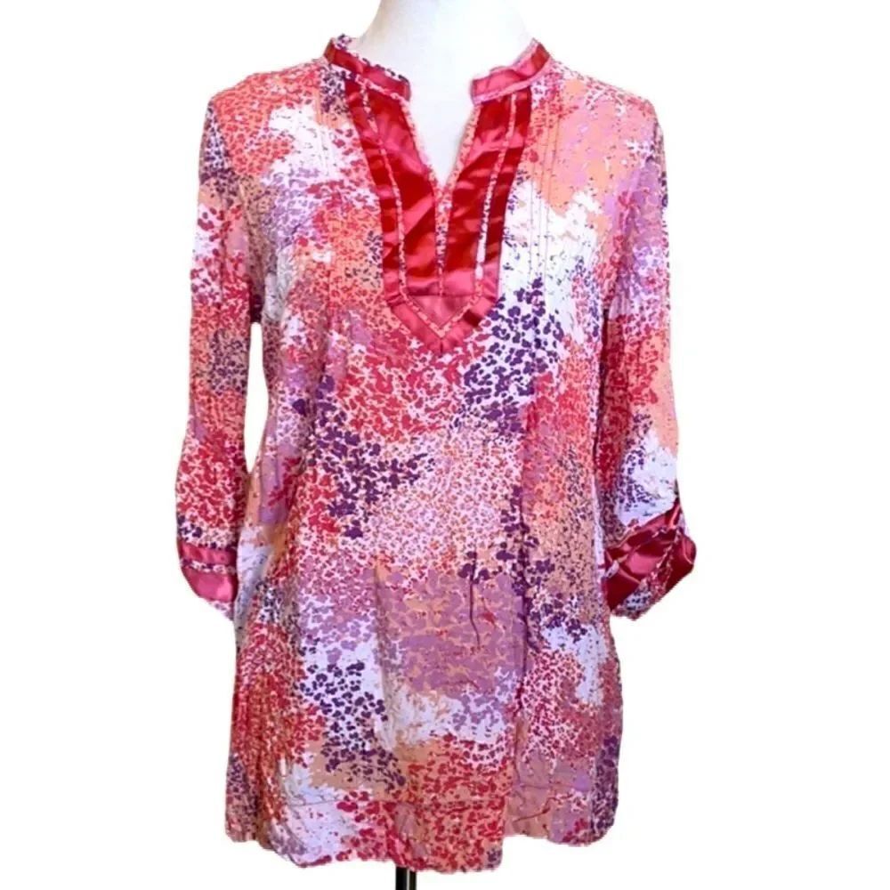 Calvin Klein Multicolored V-Neck Blouse w/Floral Print (Size: Petite Large)